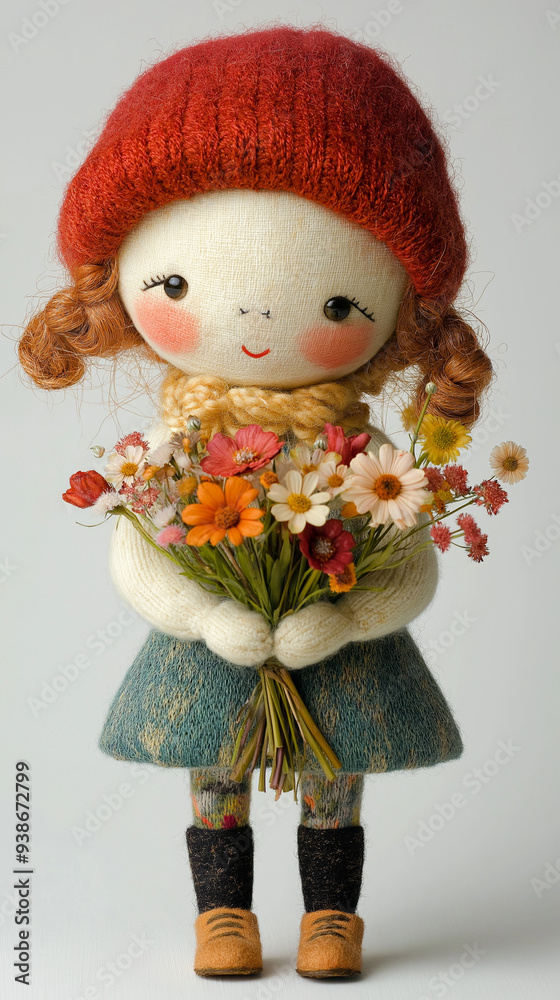 A super cute doll in a bright red hat holds a small bunch of flowers, standing against a white background. Its innocent, cheerful demeanor contrasts beautifully with the vibrant colors. A super cute doll in a bright red hat holds a small bunch of flowers, standing against a white background. Its innocent, cheerful demeanor contrasts beautifully with the vibrant colors.