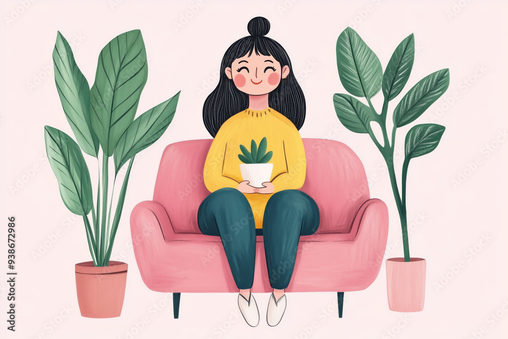 Illustration of a smiling woman sitting on a pink couch, holding a potted plant, surrounded by green plants, cozy and cheerful indoor scene Illustration of a smiling woman sitting on a pink couch, holding a potted plant, surrounded by green plants, cozy and cheerful indoor scene