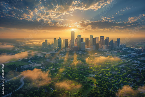 Approaching Dallas Fort Worth airport on a sunny summer morning, wide-angle view from airplane window revealed a breathtaking panorama of sprawling cityscape, with its towering skyscrapers and lush g photo