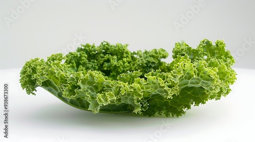 A fresh green kale leaf, its ruffled edges and deep green color displayed on a white background.