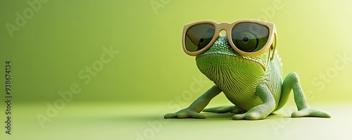 there is a green lizard with sunglasses on sitting on a table photo