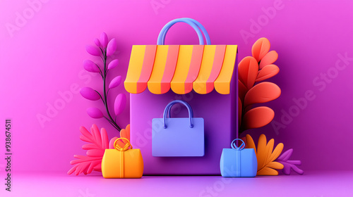 A vibrant and colorful shop adorned with stylish bags and decorative plants photo