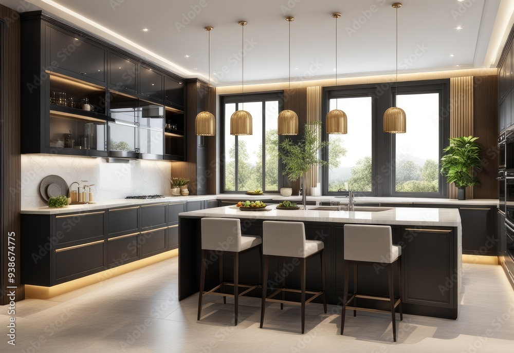 Residential interior of modern kitchen in luxury mansion, 3d rendering Residential interior of modern kitchen in luxury mansion, 3d rendering