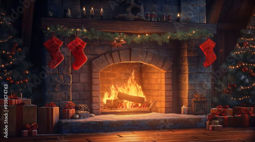 Warm Inviting Fireplace Background with Stockings Soft Lighting and Cozy Rustic Interior for Christmas and Wintertime Relaxation Themes