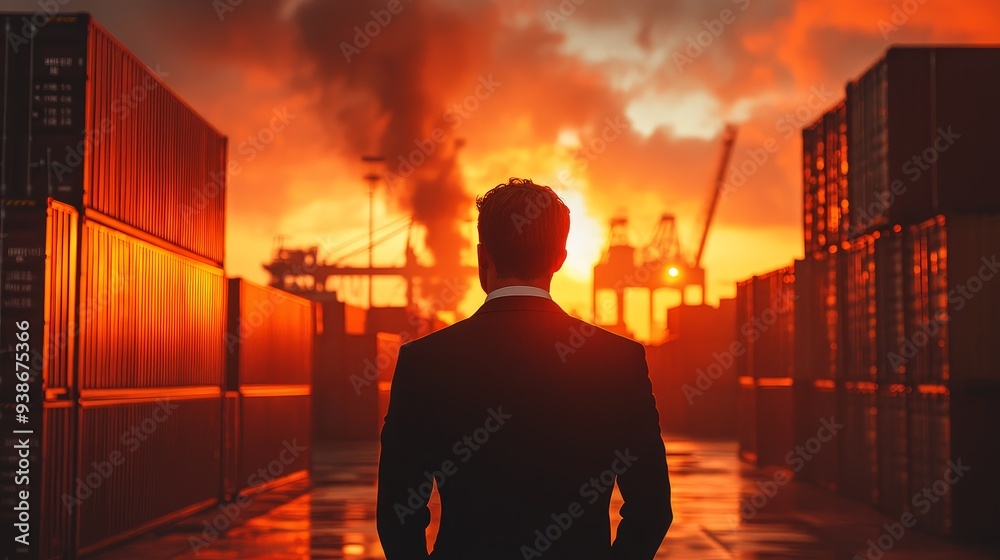 Fototapeta premium Businessman Standing at Sunset in Shipping Container Yard