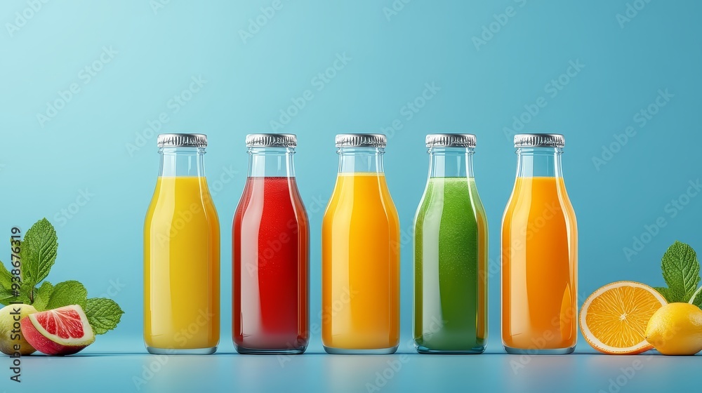 Colorful Glass Bottles of Juice with Mint and Citrus Fruit on a Blue Background Colorful Glass Bottles of Juice with Mint and Citrus Fruit on a Blue Background