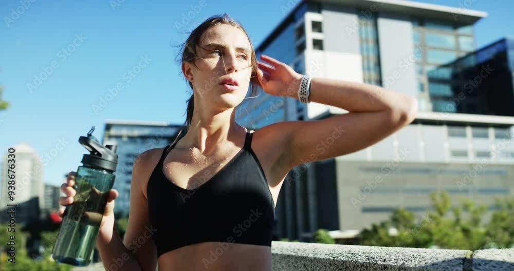 Exercise, tired or city woman drinking water, mineral liquid or beverage for wellness, hydration or refresh after cardio. H2O, thirsty or athlete fatigue sweat after outdoor training run for marathon