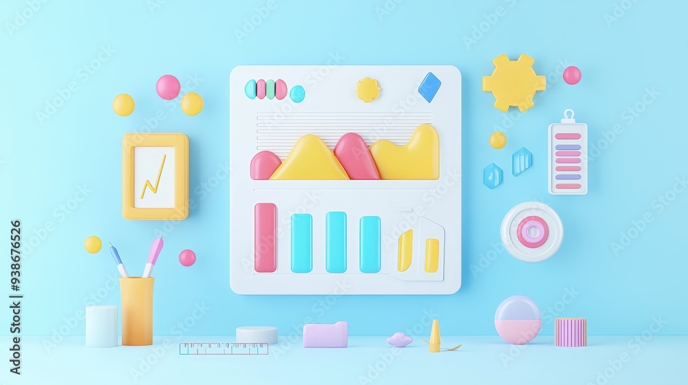 Colorful D Icons and Charts on Blue Background Colorful D Icons and Charts on Blue Background