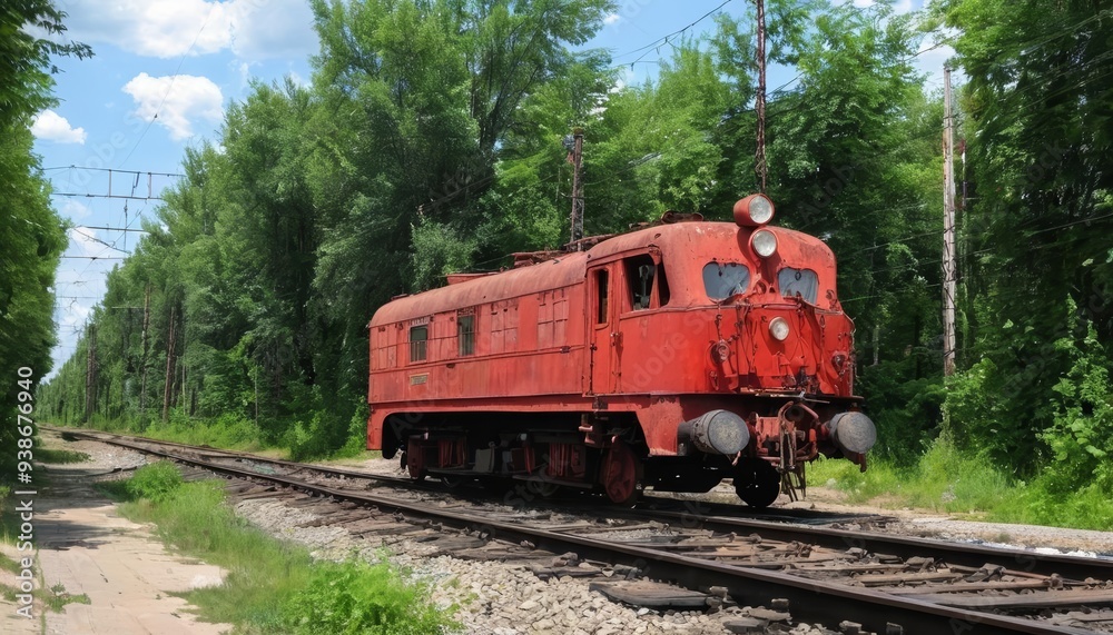 Fototapeta premium Vintage train journeying through a serene forest