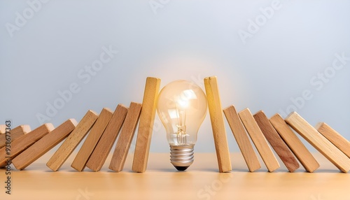 isk management concept. Light bulb stopping wooden block domino effect for business. 3d render illustration,concept photo