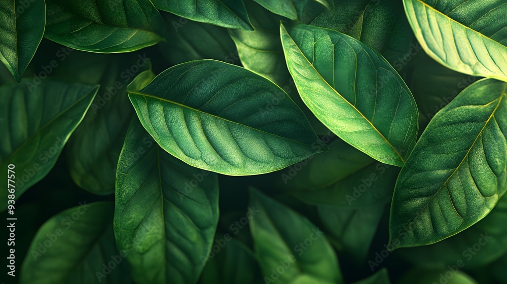 Fototapeta premium Fresh green leaves pattern, close-up nature texture, perfect for spring gardening.