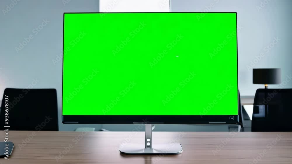 Empty Business Office with Green Screen Computer: Isolated Template Mockup Empty Business Office with Green Screen Computer: Isolated Template Mockup