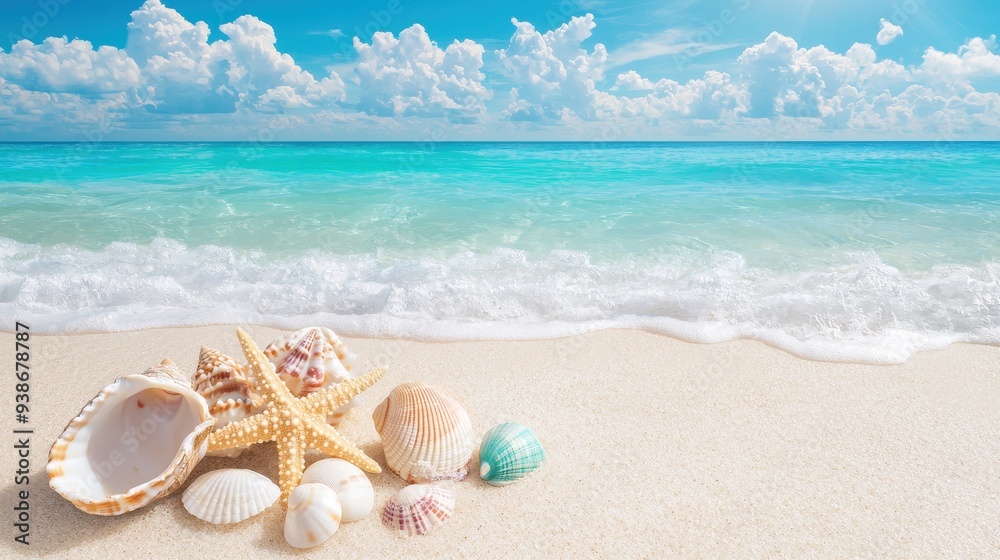 Seashells and Starfish on Sandy Beach with Turquoise Ocean and Blue Sky