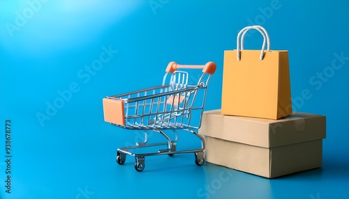 Shopping cart and box on blue background, business and shopping concept. Selective focus,Black Friday and shopping concept, gifts and sales photo