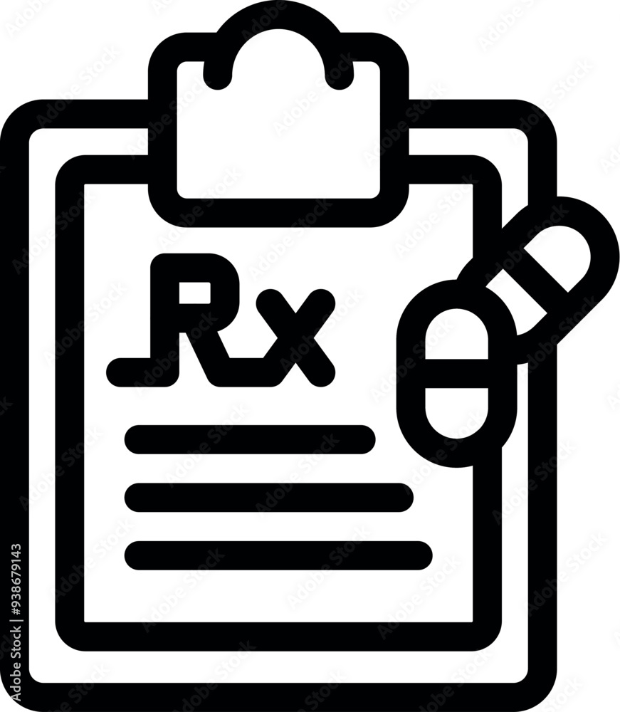 Bold line icon of a medical prescription form with a pair of pills, representing the concept of healthcare and medication Bold line icon of a medical prescription form with a pair of pills, representing the concept of healthcare and medication