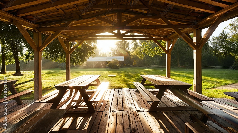 Obraz premium Serene Solitude: Sunlight Dappled on Wood Benches in an Empty Park Pavilion, a Tranquil Escape Amidst Nature's Whispers