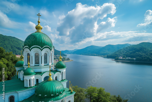 A beautiful, green-domed monastery sits peacefully beside a clear, tranquil lake, surrounded by lush, rolling hills and a picturesque sky, depicting a serene and historical scene.