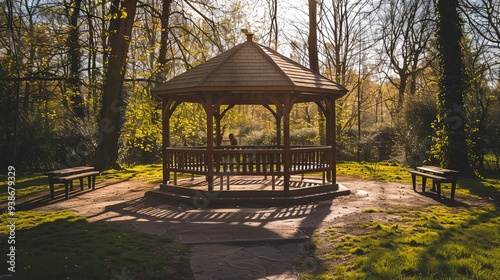 Serene Solitude: Sunlight Dappled on Wood Benches in an Empty Park Pavilion, a Tranquil Escape Amidst Nature's Whispers photo