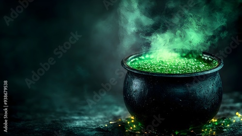 Bubbling Witch s Cauldron with Glowing Green Potion Isolated on Mysterious Dark Background  Supernatural Magical Occult Still Life Scene photo