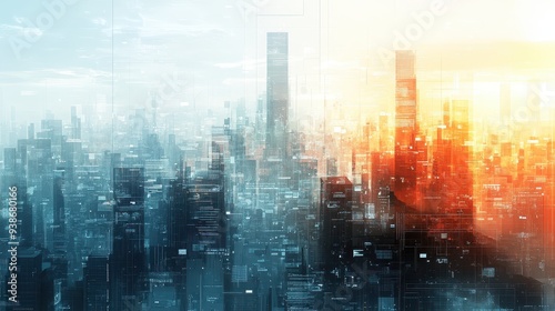 Wallpaper Mural Futuristic Cityscape with Digital Overlay Torontodigital.ca