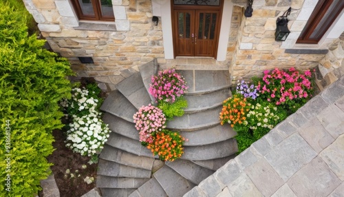  A charming entryway with a colorful staircase garden