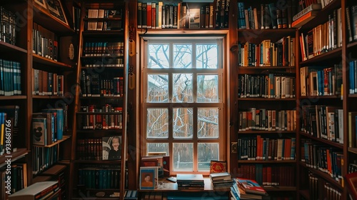 Serene Solitude in an Empty Library: Shelves of Books, Natural Light Through Windows, and the Tranquil Atmosphere of a Quiet Reading Haven. photo