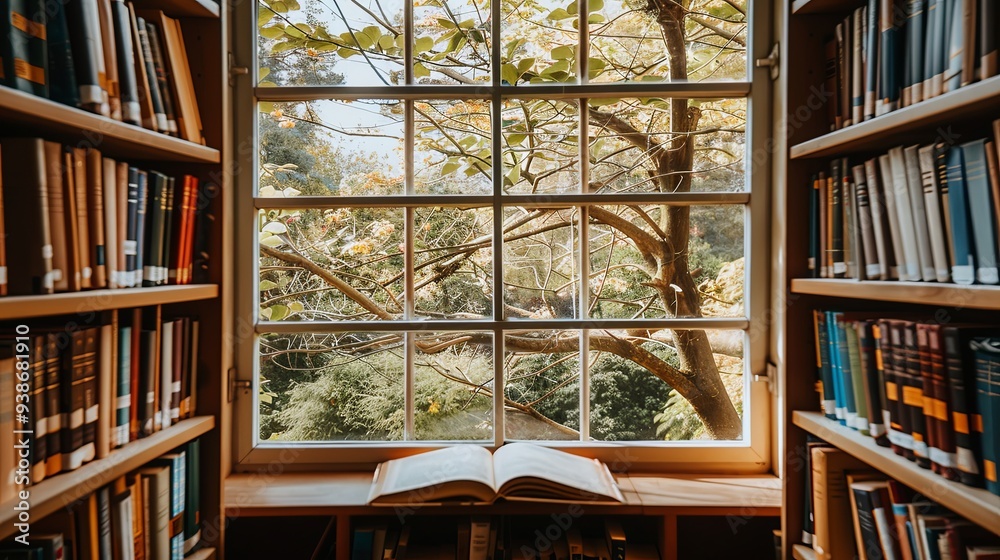 Serene Solitude in an Empty Library: Shelves of Books, Natural Light Through Windows, and the Tranquil Atmosphere of a Quiet Reading Haven. Serene Solitude in an Empty Library: Shelves of Books, Natural Light Through Windows, and the Tranquil Atmosphere of a Quiet Reading Haven.