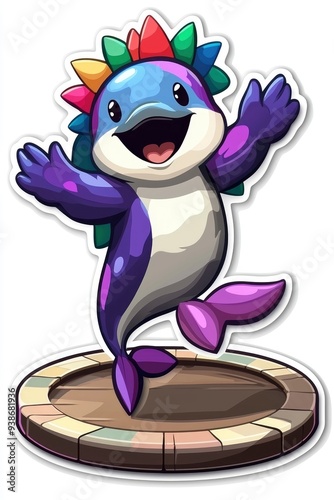 Cartoon Dolphin Mascot with Colorful Feathers