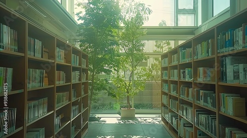 Serene Solitude in an Empty Library: Shelves of Books, Natural Light Through Windows, and the Tranquil Atmosphere of a Quiet Reading Haven. photo