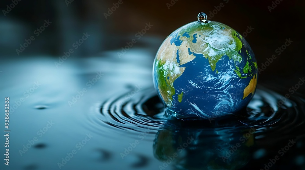 A globe representing Earth floats on a water surface with ripples ...