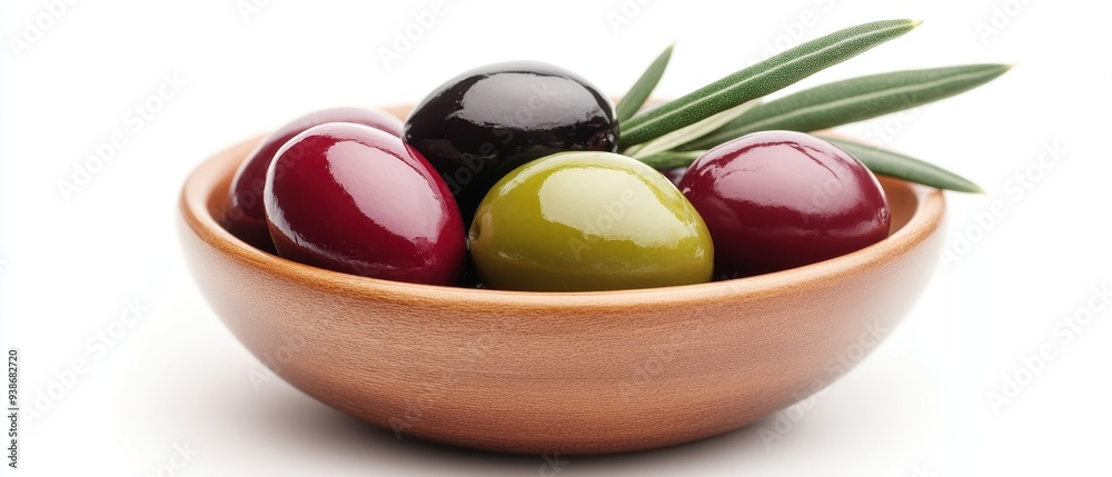 A bowl of olives with a green leaf on top A bowl of olives with a green leaf on top