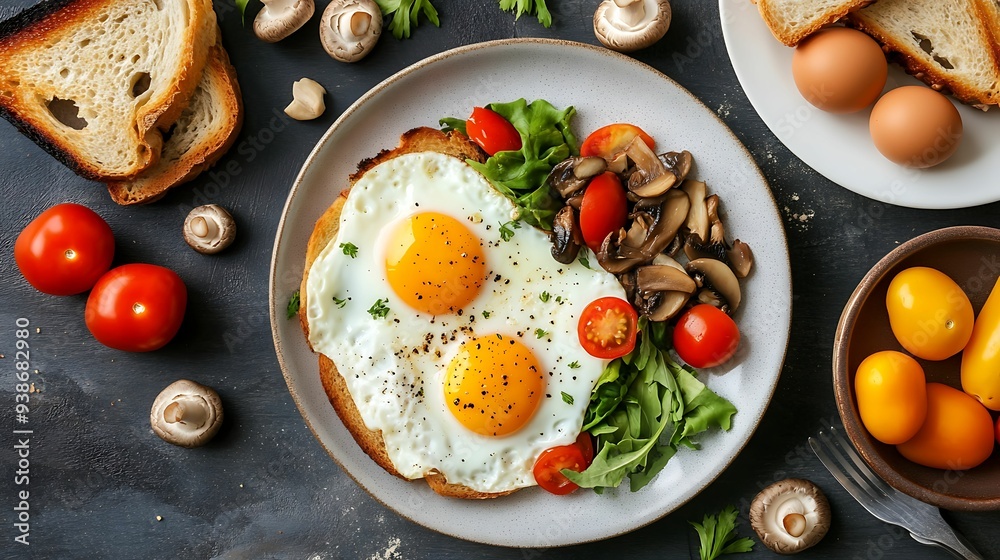 A balanced breakfast featuring a fried egg on toast, fresh salad greens, cherry tomatoes, and sautéed mushrooms, served with slices of bread. A balanced breakfast featuring a fried egg on toast, fresh salad greens, cherry tomatoes, and sautéed mushrooms, served with slices of bread.