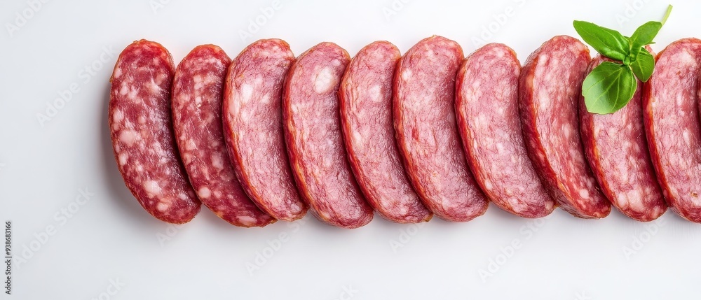 A row of pepperoni slices on a white background A row of pepperoni slices on a white background