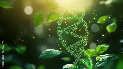 A green DNA helix intertwined with vibrant leaves, symbolizing the connection between genetics, nature, and biotechnology in a serene environment.