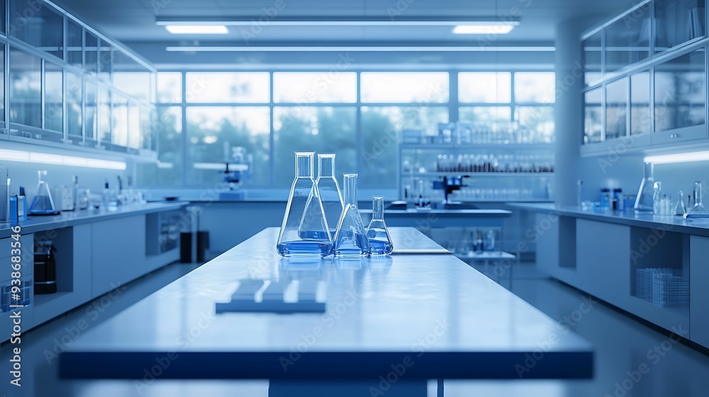 A well-lit, modern laboratory featuring various glassware on a central workbench, showcasing an organized and clean environment for scientific research and experimentation. A well-lit, modern laboratory featuring various glassware on a central workbench, showcasing an organized and clean environment for scientific research and experimentation.
