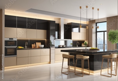 Residential interior of modern kitchen in luxury mansion, 3d rendering