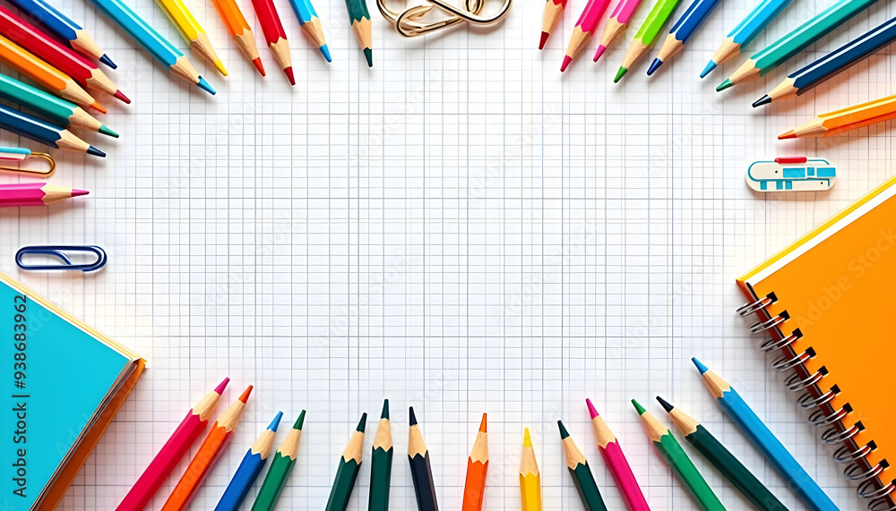 Fototapeta premium Colorful Pencils Surrounding a Gridded Notebook