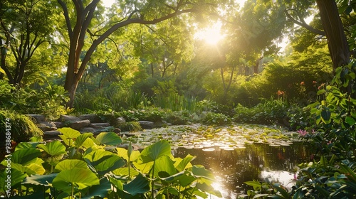 Serene Oasis: Tranquil Moments in an Empty Botanical Garden, Exotic Flora and Fauna, Sunlight Dappled on a Peaceful Pond Amidst Nature's Harmony.
 photo