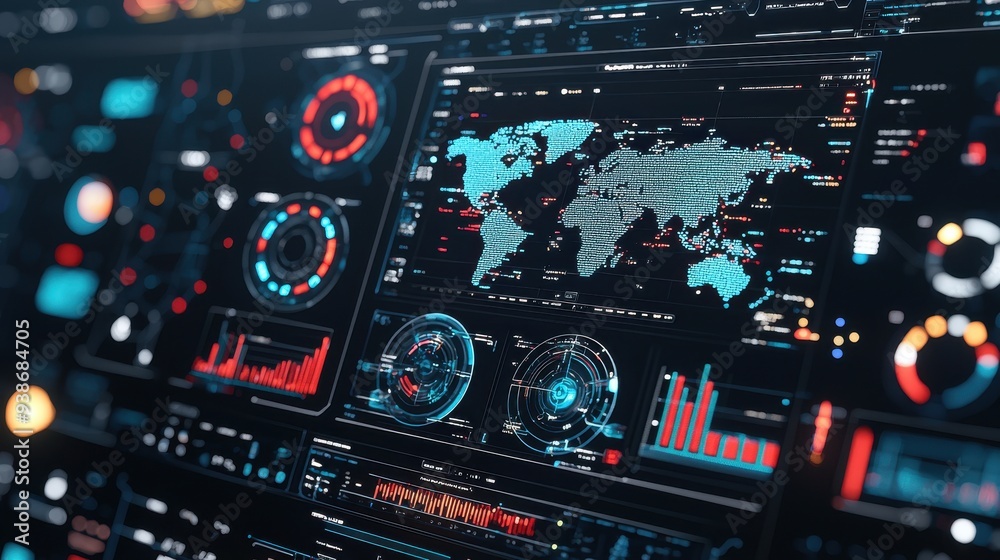 Obraz premium Futuristic Interface with World Map and Data Visualizations