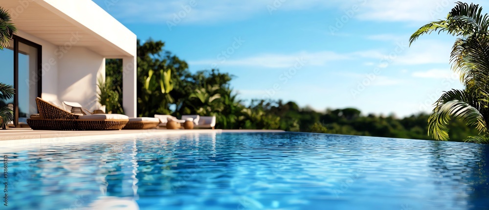 Luxury real estate, modern home with infinity pool and outdoor lounge, 3D illustration Luxury real estate, modern home with infinity pool and outdoor lounge, 3D illustration