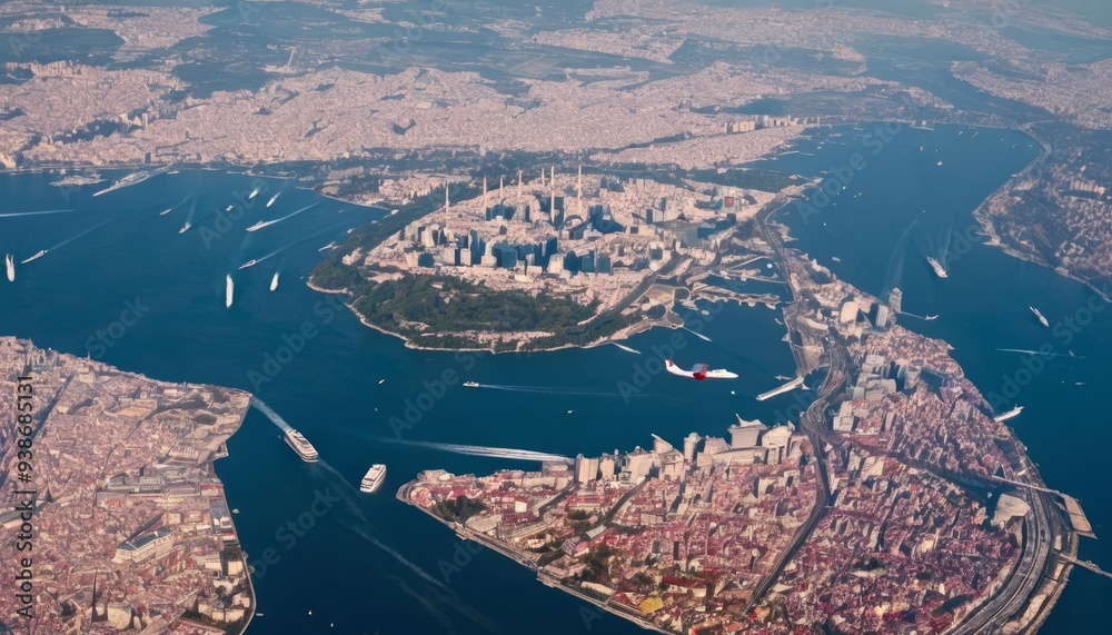 Obraz premium Aerial view of bustling cityscape with vibrant waterways