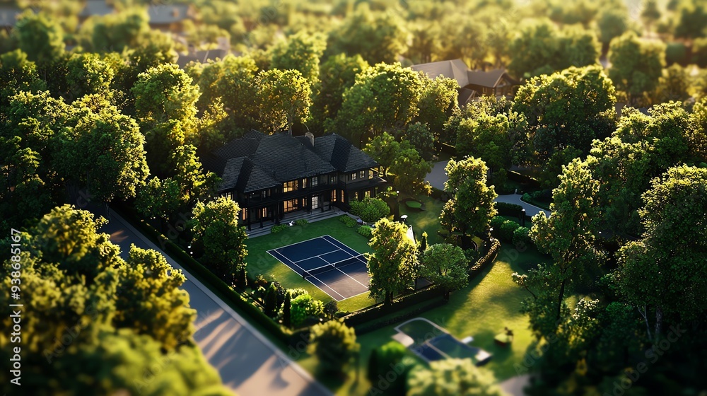 Exclusive real estate, private villa with spa and tennis court, 3D illustration Exclusive real estate, private villa with spa and tennis court, 3D illustration