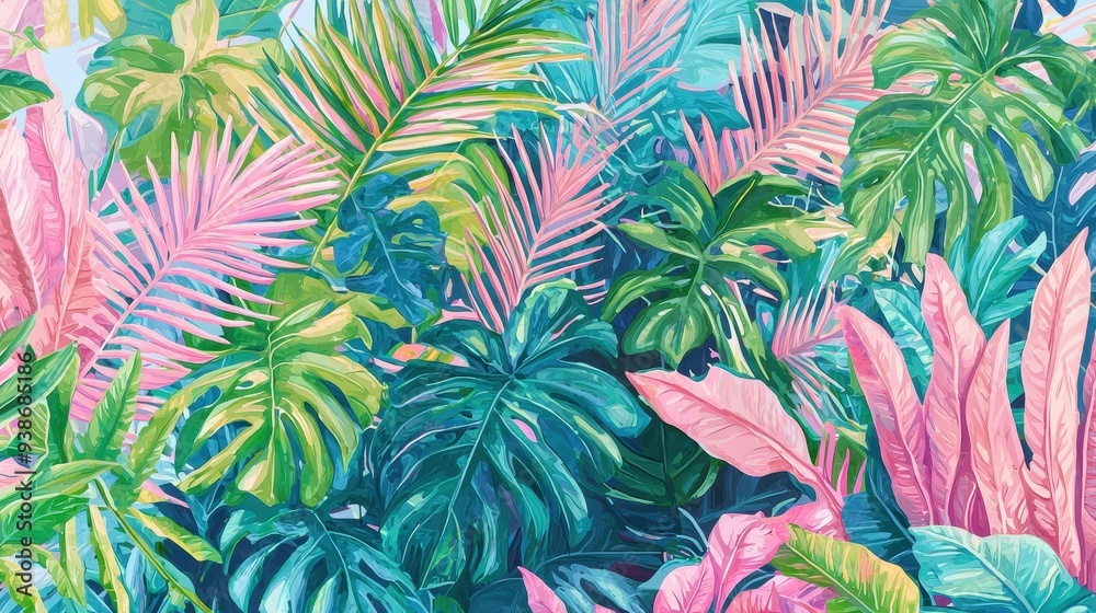 Tropical Leaf Background Green Pink Watercolor Style Tropical Leaf Background Green Pink Watercolor Style