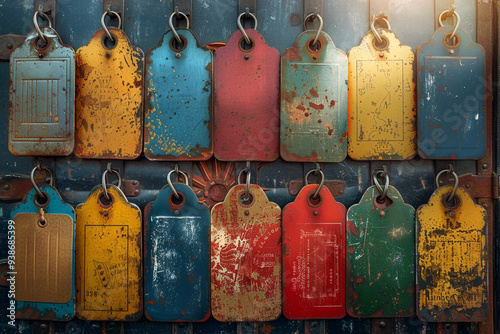 In warm glow of a summer sunset, a wide-angle view captures vibrant colors and intricate details of vintage luggage tags, evoking a sense of nostalgia and adventure as they adorn big, retro travel lu photo