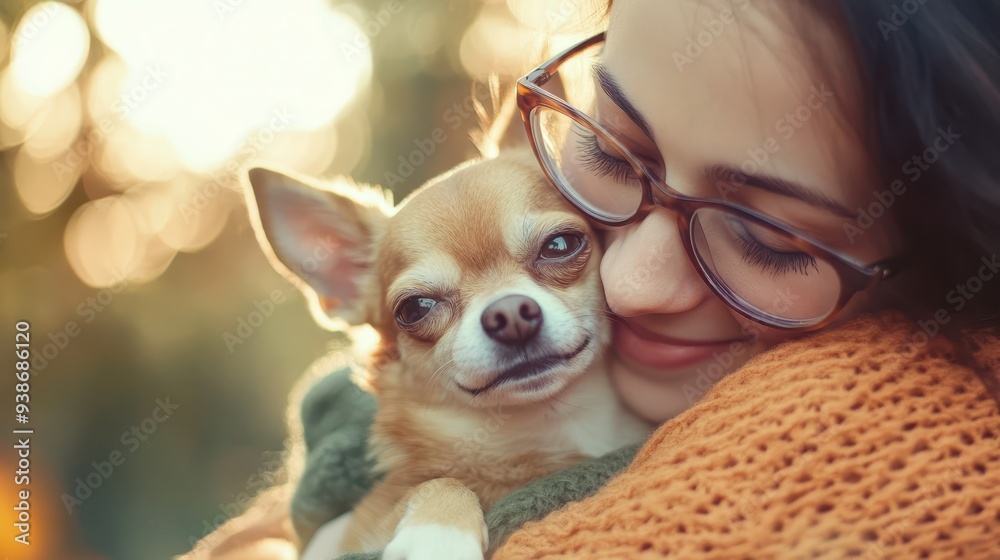 Happy woman with glasses , embracing his Chihuahua with a loving expression, showcasing a heartwarming scene of friendship Happy woman with glasses , embracing his Chihuahua with a loving expression, showcasing a heartwarming scene of friendship
