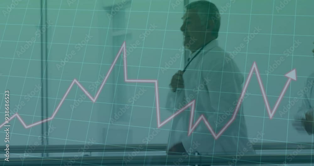 Doctors walking in hospital corridor with financial growth chart animation over them Doctors walking in hospital corridor with financial growth chart animation over them