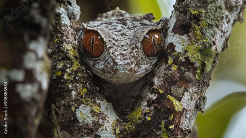 Close-up of a Mossy Leaf-tailed Gecko Camouflaged on a Tree Trunk photo