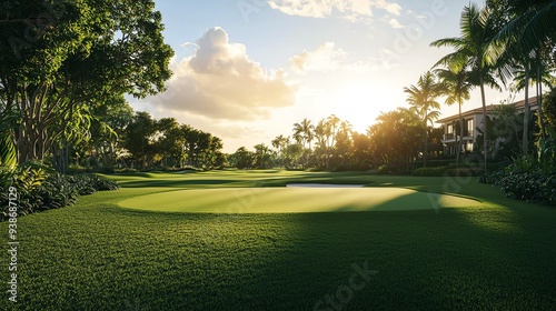 Exclusive gated community, golf course with manicured greens, luxury clubhouse, warm natural tones, panoramic views, ultrarealistic, high detail