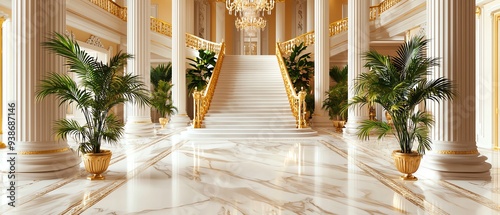 Luxury real estate showcase, grand entrance with marble staircase, chandeliers, gold accents, opulent decor, warm ambient lighting, high detail, 169 ratio