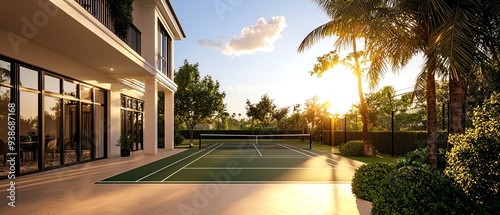 Exclusive real estate, private villa with spa and tennis court, 3D illustration